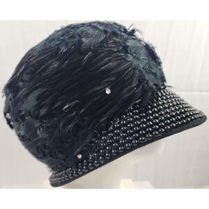 Jack McConnell Boutique, Felt Wool Black Faux Feather & Pearl Accents Womens Hat